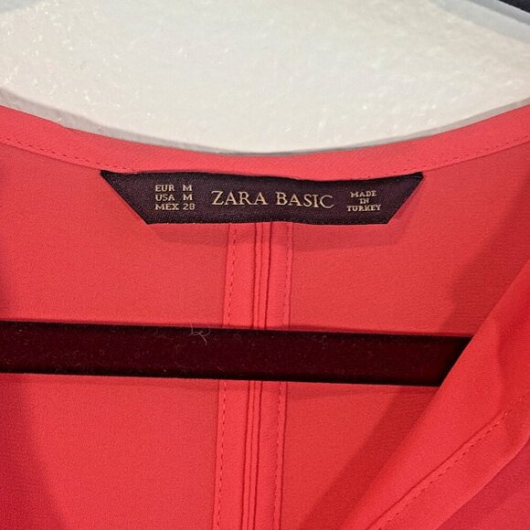 Zara Basic Salmon Pink Blouse Split V Neck Semi Sheer Chiffon Women M Career - Picture 3 of 6